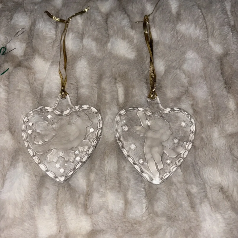 2 Mikasa Crystal Glass Heart Shaped Ornaments Cardinal Angel Cherub Gold Hangers